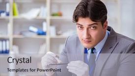  Presentation with investigation - Presentation theme featuring young man during crime investigation background and a light gray colored foreground