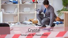  Presentation with crime analysis - PPT theme consisting of young man during crime investigation background and a coral colored foreground