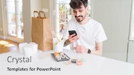  Presentation with food delivery - Cool new presentation design with young man eating asian sushi from home delivery and ordering food using smartphone app with a happy face standing and smiling with a confident smile showing teeth backdrop and a white colored foreground