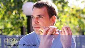  Presentation with fast food - PPT theme with eating burger in fast food background and a teal colored foreground