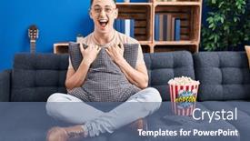  Presentation with popcorn - Slide deck enhanced with young-man-eating-popcorn-celebrating background and a ocean colored foreground