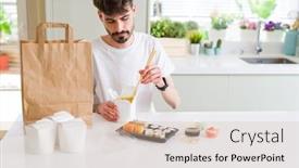  Presentation with food delivery - Presentation theme enhanced with man eating sushi asian food background and a soft green colored foreground