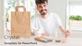  Presentation with food delivery - Cool new slide set with young man eating sushi asian food and noodles using choopsticks from take away delivery backdrop and a lemonade colored foreground