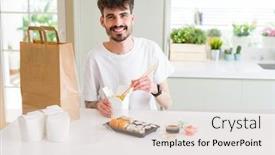  Presentation with food delivery - Presentation design enhanced with young man eating sushi asian food and noodles using choopsticks from take away delivery background and a lemonade colored foreground