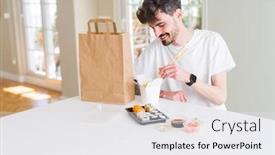  Presentation with food delivery - Amazing presentation theme having young man eating sushi asian food and noodles using choopsticks from take away delivery backdrop and a white colored foreground