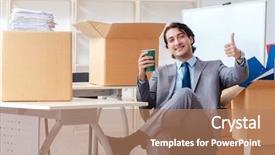  Presentation with boxes - Audience pleasing PPT theme consisting of relocation company - young man employee with boxes backdrop and a coral colored foreground