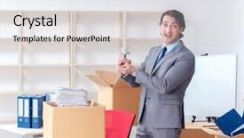  Presentation with star employee - Slide set having young man employee with boxes background and a light gray colored foreground