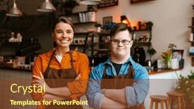  Presentation with down syndrome - Presentation theme featuring young-man-employee-with-down background and a tawny brown colored foreground