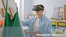  Presentation with virtual reality - PPT layouts enhanced with young-man-engages-with-virtual background and a gray colored foreground