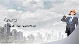  Presentation with phone - Beautiful presentation design featuring young man engineer talking on mobile phone backdrop and a light gray colored foreground