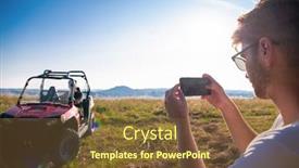  Presentation with car picture - Presentation theme featuring young man enjoying beautiful sunny day taking a picture of his friend while driving a off road buggy car on mountain nature background and a tawny brown colored foreground