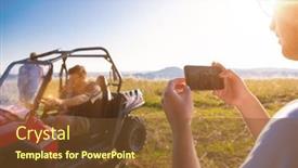  Presentation with car picture - Colorful presentation theme enhanced with young man enjoying beautiful sunny day taking a picture of his friend while driving a off road buggy car on mountain nature backdrop and a tawny brown colored foreground