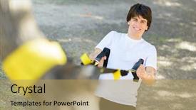  Presentation with stretch - Colorful presentation design enhanced with young man exercising with stretch band outdoors backdrop and a coral colored foreground