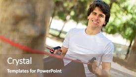  Presentation with stretch - Audience pleasing PPT theme consisting of young man exercising with stretch band outdoors backdrop and a coral colored foreground