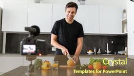  Presentation with healthy food - Theme featuring young man filming his video background and a tawny brown colored foreground