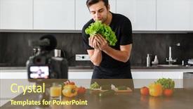  Presentation with gardening healthy food cooking - Cool new slides with young man filming his video backdrop and a tawny brown colored foreground