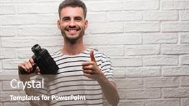  Presentation with video wall 3d - Slide deck having young man filming holding video background and a violet colored foreground