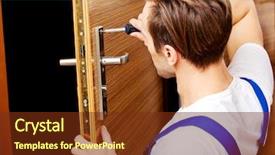 Presentation with man door - Audience pleasing slides consisting of craftsperson - young man fixing the door backdrop and a tawny brown colored foreground