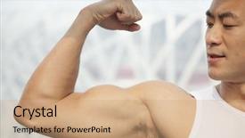  Presentation with flexing - Presentation design featuring young man flexing his bicep background and a coral colored foreground