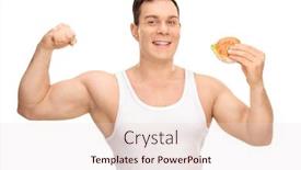  Presentation with flexing - Presentation theme enhanced with young man flexing his bicep and holding a sandwich in the other hand isolated on white background background and a lemonade colored foreground