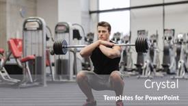  Presentation with flexing - PPT theme consisting of young man flexing muscles with barbell in gym background and a gray colored foreground