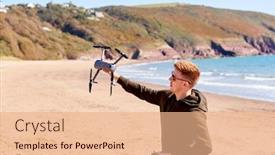  Presentation with camera drone - PPT theme consisting of young-man-flying-drone background and a coral colored foreground