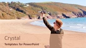  Presentation with camera drone - Beautiful PPT theme featuring young-man-flying-drone backdrop and a coral colored foreground