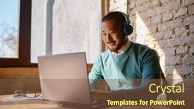  Presentation with working - Slide deck consisting of young-man-freelancer-working-online background and a tawny brown colored foreground