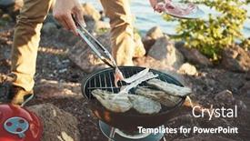  Presentation with frying - Slide set with young man frying bacon and meat on grill during picnic by seaside background and a tawny brown colored foreground