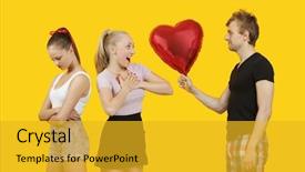  Presentation with gifting - Colorful slides enhanced with young man gifting heart shaped balloon to surprised woman with friend feeling left out standing behind backdrop and a gold colored foreground