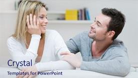  Presentation with home care - Presentation theme having young man give a care with love to her girlfriend in their home background and a sky blue colored foreground