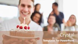  Presentation with birthday cake - Audience pleasing PPT layouts consisting of young-man-gives-cake backdrop and a coral colored foreground