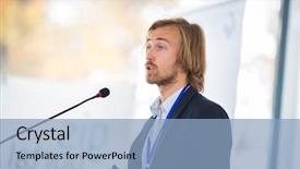  Presentation with giving - Slide deck consisting of young man giving a speech background and a light blue colored foreground