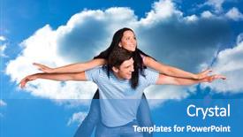  Presentation with giving - Slide deck consisting of young man giving girlfriend a piggyback ride against cloudy sky background and a teal colored foreground