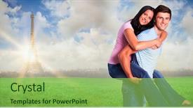  Presentation with eiffel tower - Beautiful presentation featuring young man giving girlfriend a piggyback ride against eiffel tower backdrop and a seafoam green colored foreground