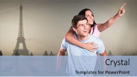  Presentation with eiffel tower - Theme consisting of young man giving girlfriend a piggyback ride against eiffel tower background and a light blue colored foreground