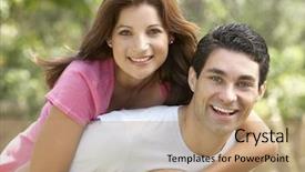  Presentation with giving - Presentation theme having young man giving woman piggyback outdoors background and a coral colored foreground