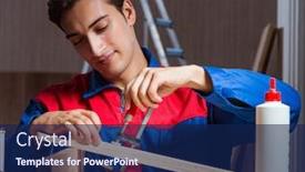  Presentation with diy - Beautiful PPT theme featuring young-man-gluing-wood-pieces backdrop and a navy blue colored foreground