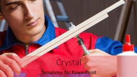  Presentation with diy - Cool new PPT layouts with young-man-gluing-wood-pieces backdrop and a red colored foreground