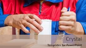  Presentation with diy - PPT theme featuring young-man-gluing-wood-pieces background and a coral colored foreground