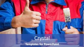  Presentation with diy - Amazing PPT theme having young-man-gluing-wood-pieces backdrop and a ocean colored foreground