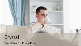  Presentation with news - Slide deck with young man having a coffee while reading the news in his living room background and a light gray colored foreground