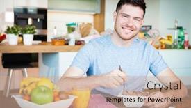  Presentation with healthy breakfast - Cool new PPT theme with young man having a healthy breakfast in modern kitchen interior backdrop and a coral colored foreground