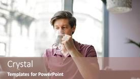  Presentation with bistro - Amazing slide deck having young man having a latte in a bistro backdrop and a coral colored foreground