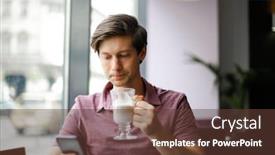  Presentation with bistro - Colorful PPT theme enhanced with young man having a latte in a bistro and checking his smartphone backdrop and a tawny brown colored foreground