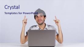  Presentation with idea - Slides consisting of young man having an idea in the office working with his laptop background and a sky blue colored foreground