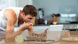  Presentation with social isolation - Amazing theme having young man having breakfast while using mobile phone at table in kitchen working from home in quarantine lockdown social distancing self isolation backdrop and a coral colored foreground