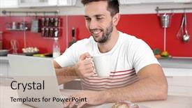 Presentation with snack - Cool new PPT layouts with young man having snack while working with laptop in kitchen backdrop and a coral colored foreground