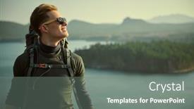  Presentation with tourism hiking - PPT theme having young-man-hiker-stands background and a gray colored foreground