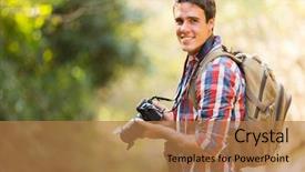  Presentation with mountain hiking - Colorful theme enhanced with young man hiking in mountain with dslr camera backdrop and a coral colored foreground